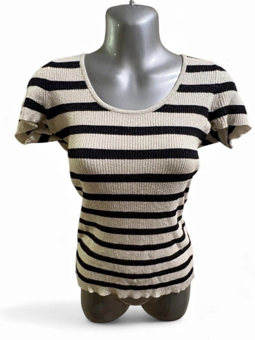 Y2K CACHE Striped Short Sleeve Top in Black & silver Size L‌ ‌